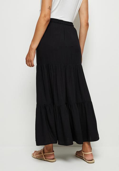edit - Woven drawcord tiered maxi skirt - black