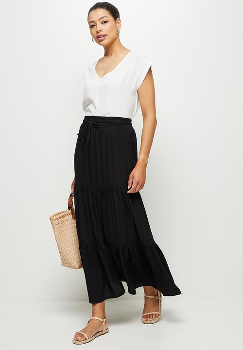 edit - Woven drawcord tiered maxi skirt - black