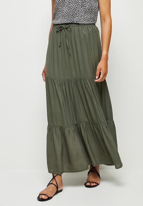 edit - Woven drawcord tiered maxi skirt - khaki
