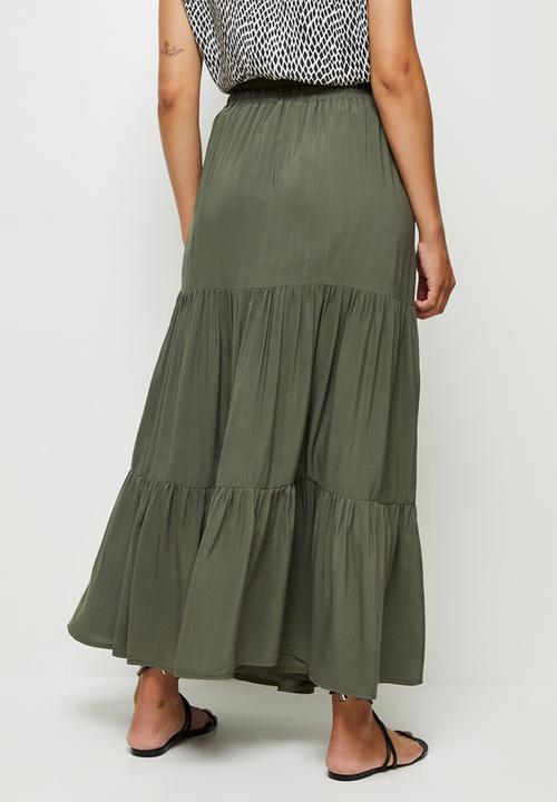 edit - Woven drawcord tiered maxi skirt - khaki