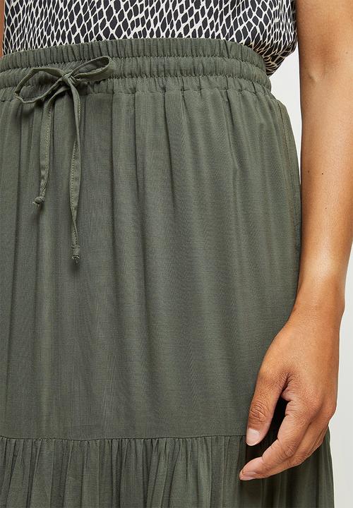 edit - Woven drawcord tiered maxi skirt - khaki
