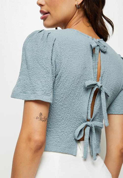 MILLA - Textured knit bow back top - duck egg