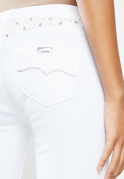 SISSY BOY - Jon jon with rips, crochet insets & bling - white