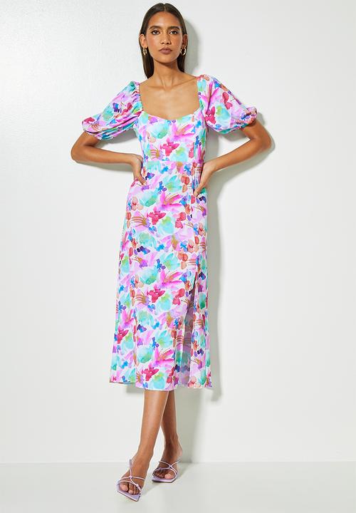VELVET - Printed Mesh Ruched Button Through Shirt Dress - blue snake print