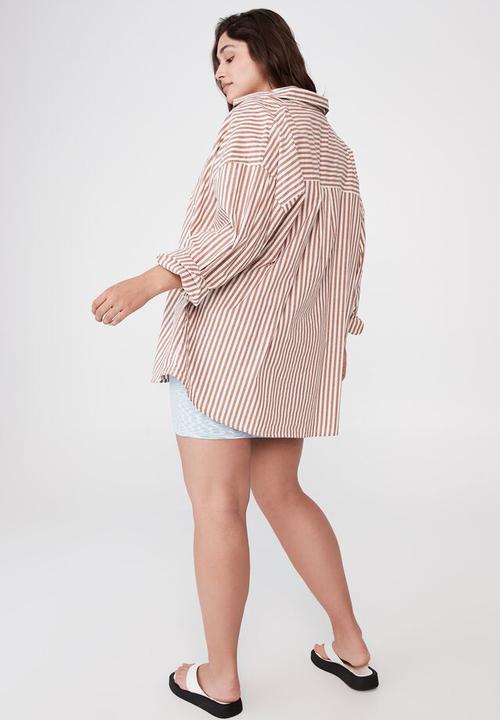 Cotton On - Curve dad shirt - hayley stripe leaf brown