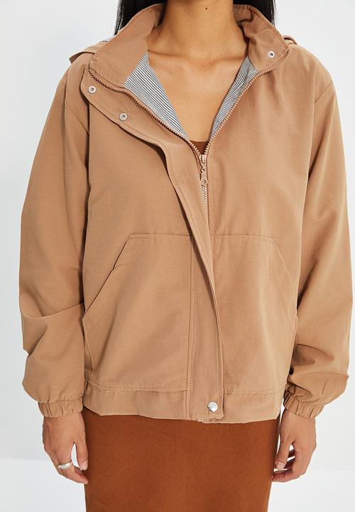 Trendyol - Oversized hooded zipper detailed coat - camel