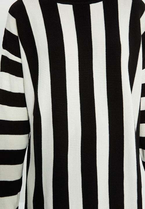 Trendyol - Striped jacquard long knit sweater dress - black & white 