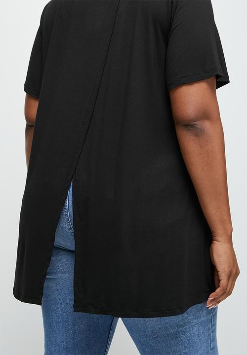 edit Plus - Short sleeve mock wrap top - black