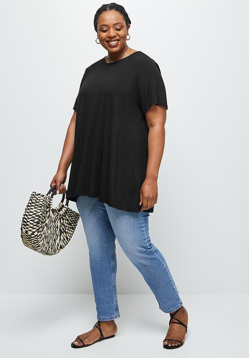 edit Plus - Short sleeve mock wrap top - black