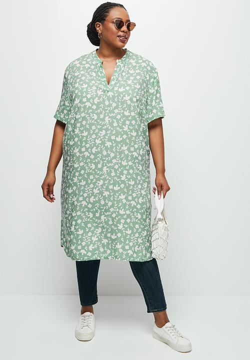 edit Plus - Mandarin collar swing hem tunic - dark sage 