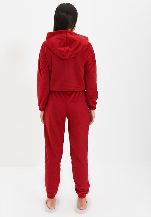 Trendyol - Slogan printed knit pajama set - claret red