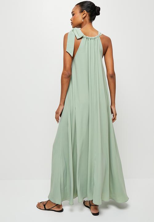 MILLA - Halter trapeze maxi dress with tie - sage
