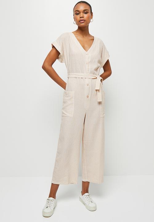 edit - Linen button down crop jumpsuit - stone stripe