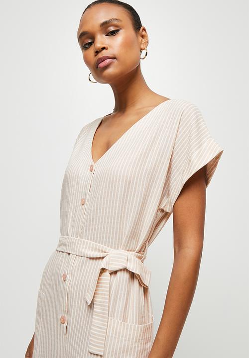 edit - Linen button down crop jumpsuit - stone stripe