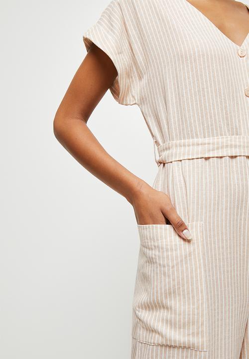 edit - Linen button down crop jumpsuit - stone stripe