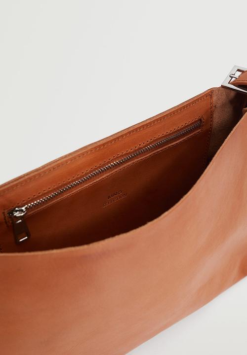 MANGO - Flap leather bag - tan