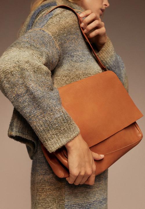 MANGO - Flap leather bag - tan