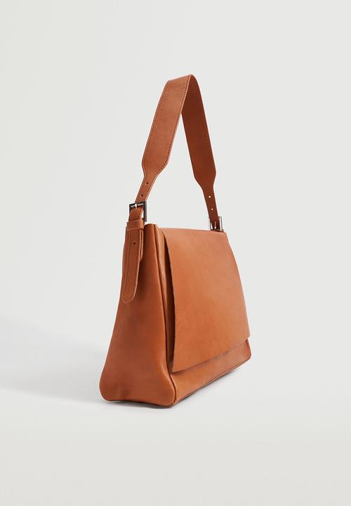 MANGO - Flap leather bag - tan