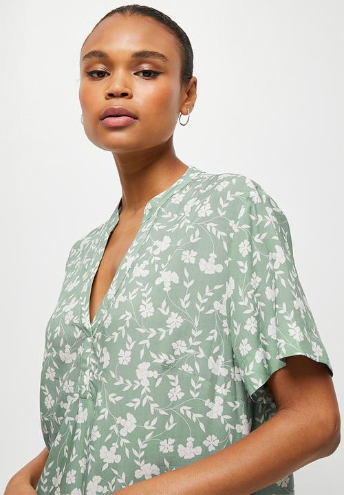 edit - Mandarin collar swing hem tunic - sage ditsy