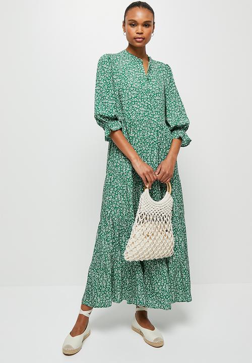 edit - Shirred puff sleeve tiered maxi - green ditsy