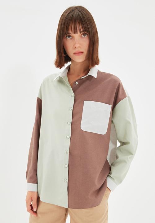 Trendyol - Colourblock shirt with pockets - brown
