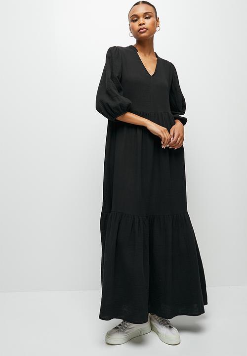 edit - Dbl cloth peasant tiered maxi - black
