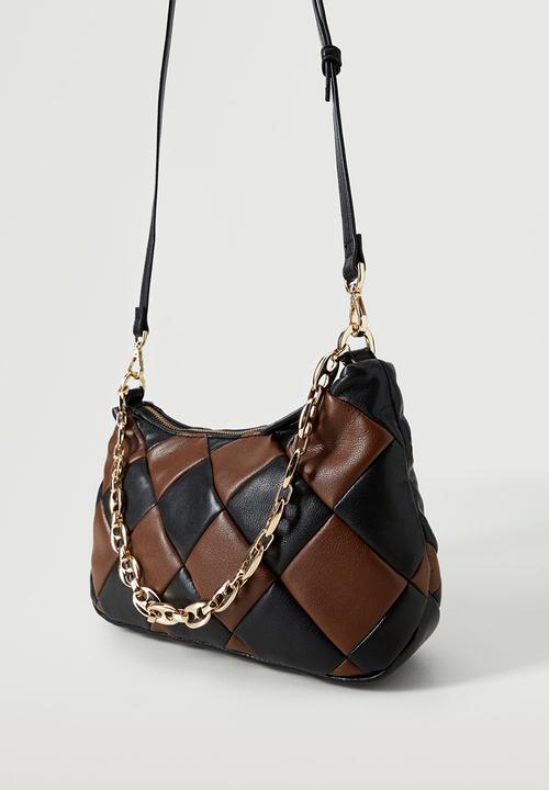 MANGO - Diamond chain bag - brown & black