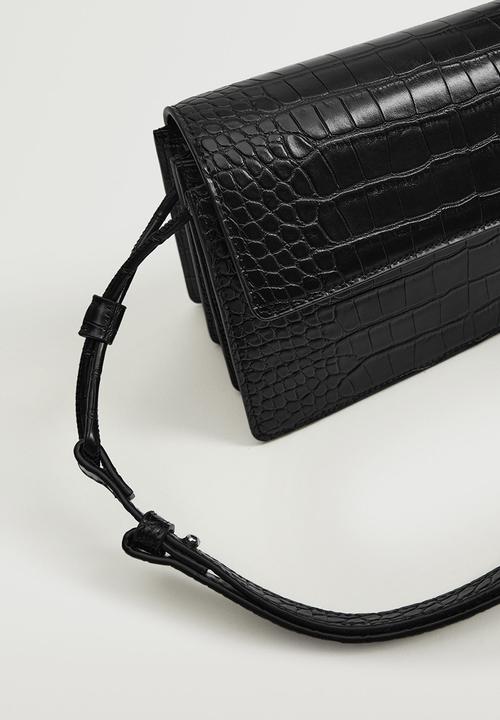 MANGO - Croc-effect flap bag - black