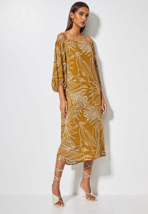 VELVET - Bardot katan midi dress with slits - tobacco leaf