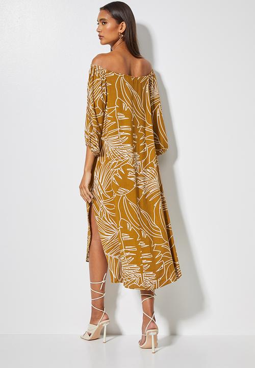 VELVET - Bardot katan midi dress with slits - tobacco leaf