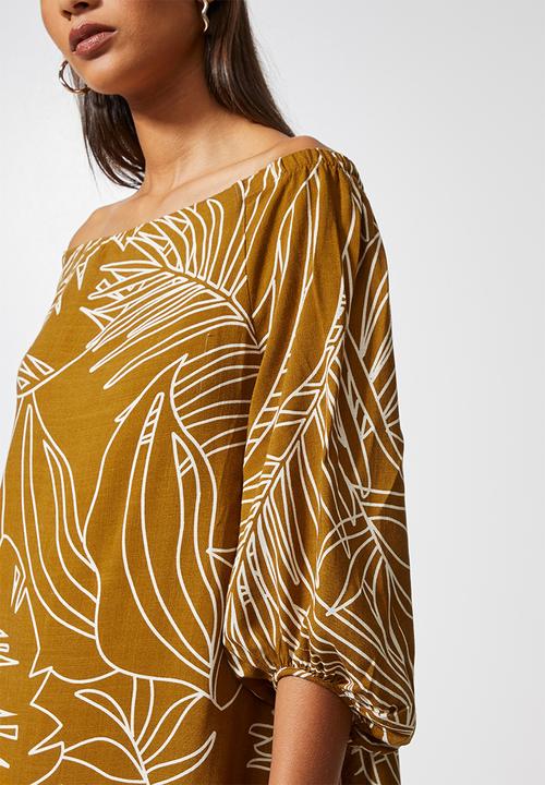 VELVET - Bardot katan midi dress with slits - tobacco leaf