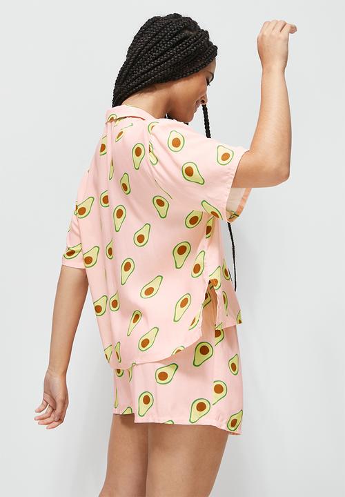 Blake - Printed button down sleep set - pink avo print