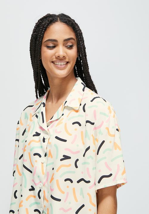 Blake - Printed button down sleep set - ivory squiggle  print