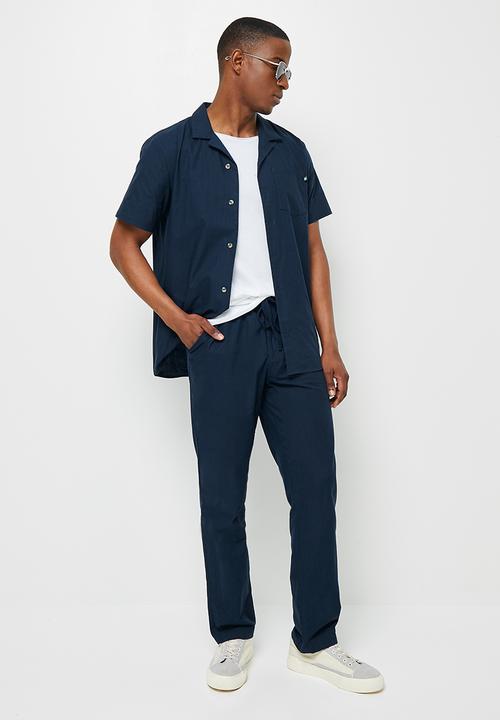 Lark & Crosse - Textured elastic waistband pant - navy
