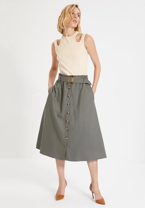 Trendyol - Belted midi skirt - khaki