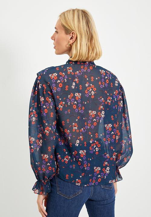 Trendyol - Ruffle wide cut crepe shirt - navy