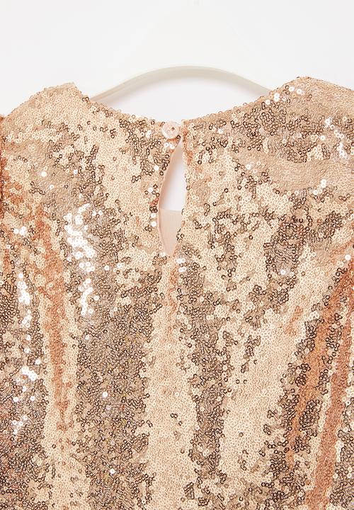 Pop Candy - Younger girls sequin flutter sleeve dress - rose gold