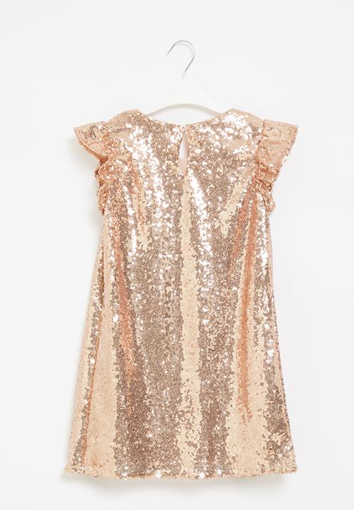 Pop Candy - Younger girls sequin flutter sleeve dress - rose gold