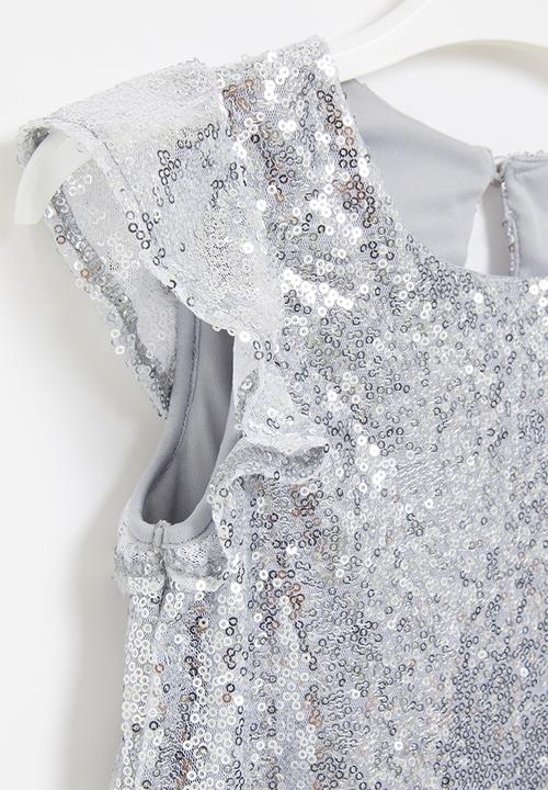 Pop Candy - Younger girls sequin flutter sleeve dress - silver