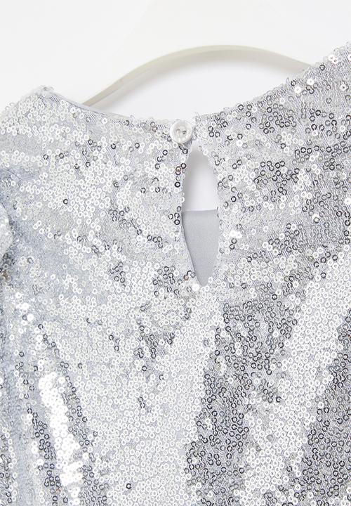 Pop Candy - Younger girls sequin flutter sleeve dress - silver