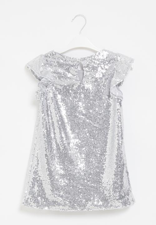 Pop Candy - Younger girls sequin flutter sleeve dress - silver