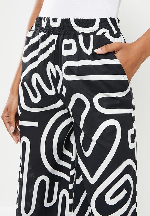 Me&B - Elasticated super wideleg pull on pant - black squiggle
