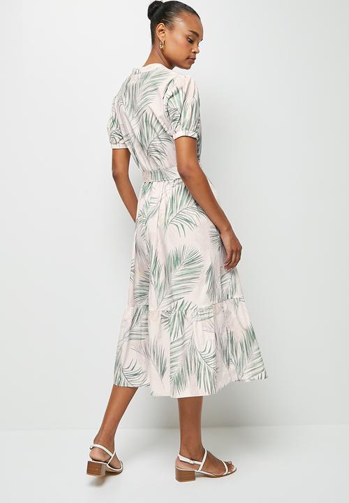 edit - Mandarin collar cotton tiered midi - soft fine palm leaf