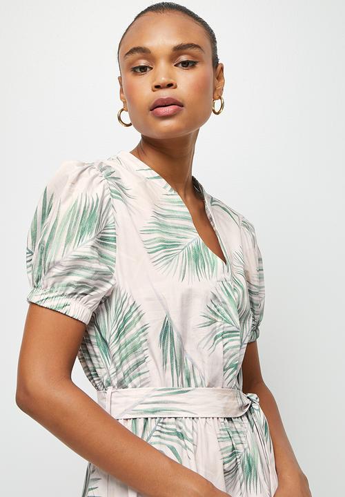 edit - Mandarin collar cotton tiered midi - soft fine palm leaf