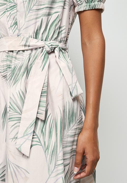 edit - Mandarin collar cotton tiered midi - soft fine palm leaf