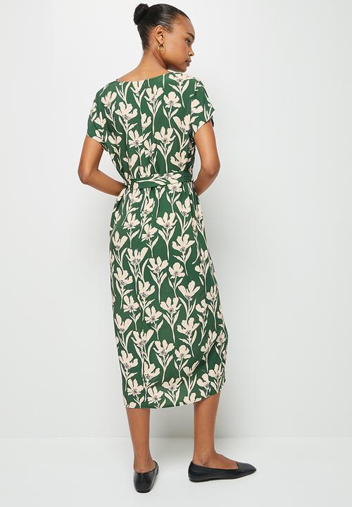edit - Notch neck belted tunic dress - green & cream floral