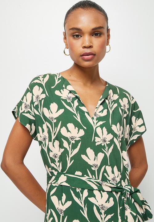 edit - Notch neck belted tunic dress - green & cream floral