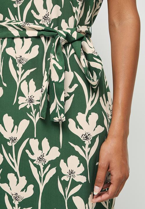 edit - Notch neck belted tunic dress - green & cream floral