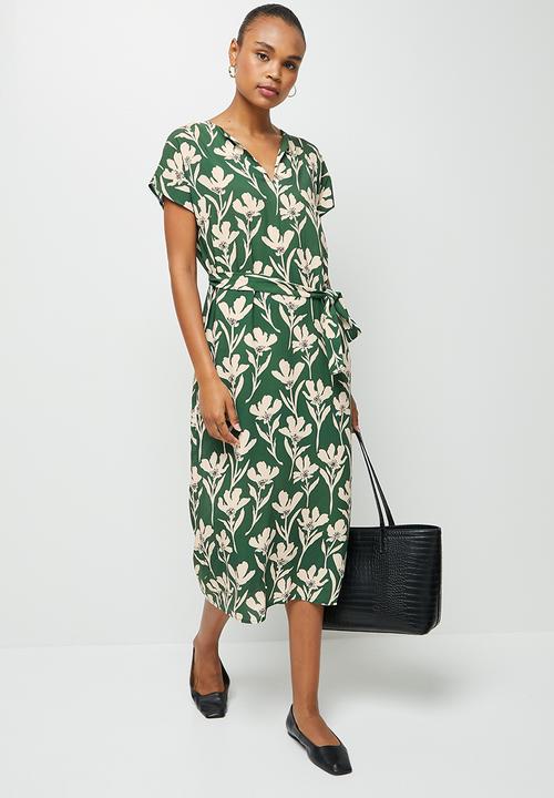 edit - Notch neck belted tunic dress - green & cream floral