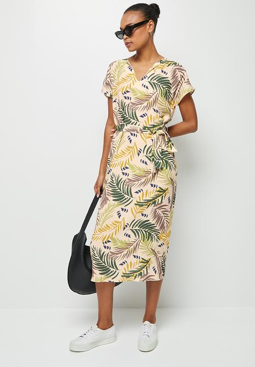 edit - Notch neck belted tunic dress - green painted palm leaves